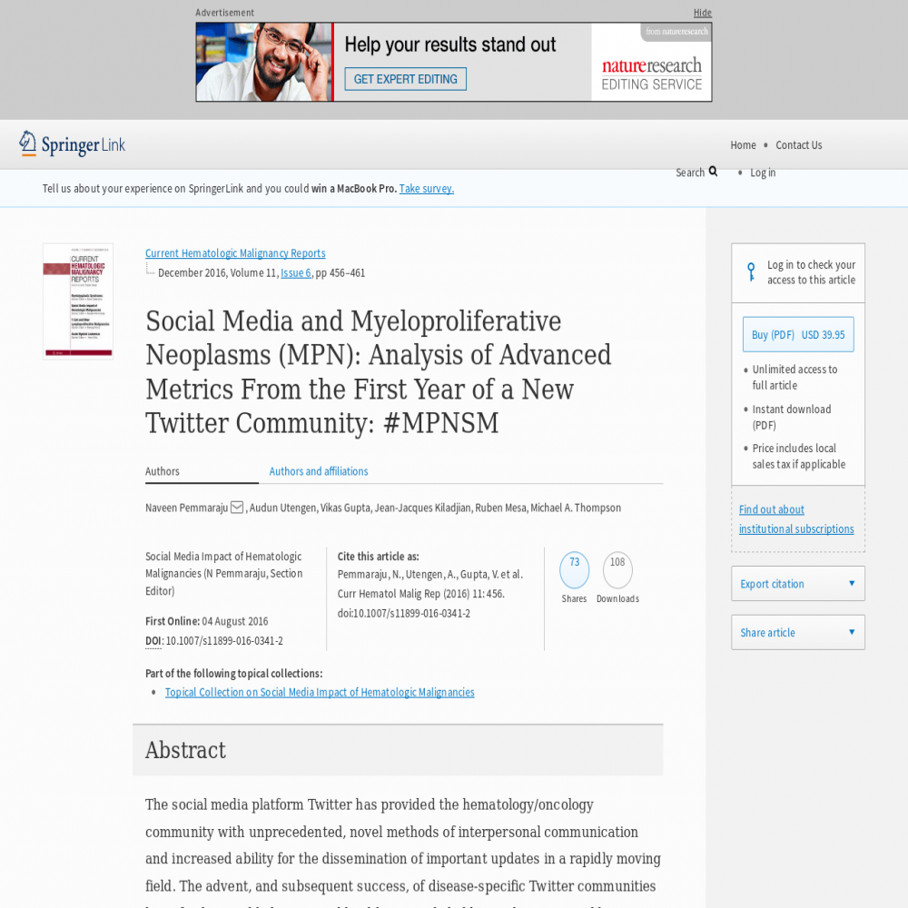 A healthcare social media research article published in Current Hematologic Malignancy Reports, August 4, 2016