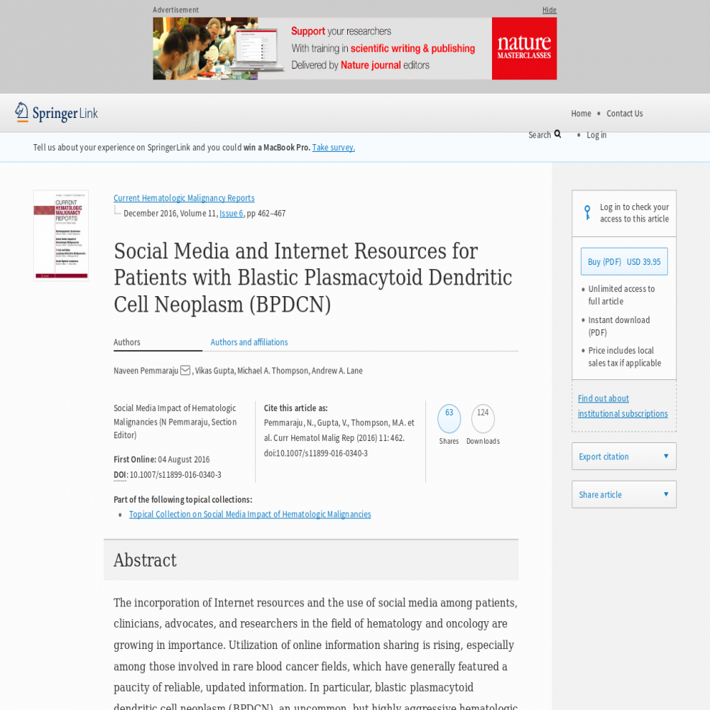 A healthcare social media research article published in Current Hematologic Malignancy Reports, August 4, 2016