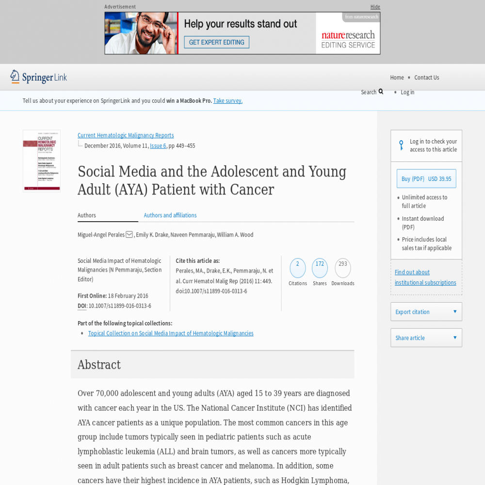 A healthcare social media research article published in Current Hematologic Malignancy Reports, February 18, 2016