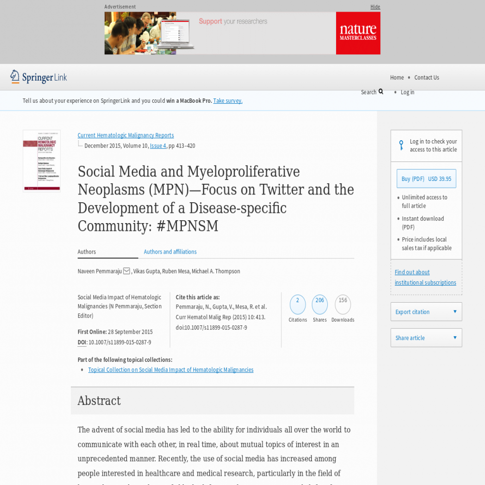 A healthcare social media research article published in Current Hematologic Malignancy Reports, September 28, 2015