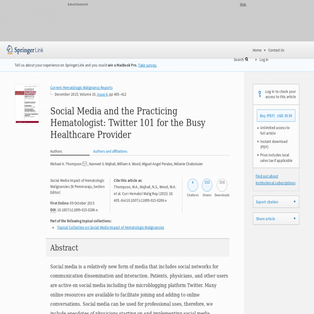 A healthcare social media research article published in Current Hematologic Malignancy Reports, October 9, 2015