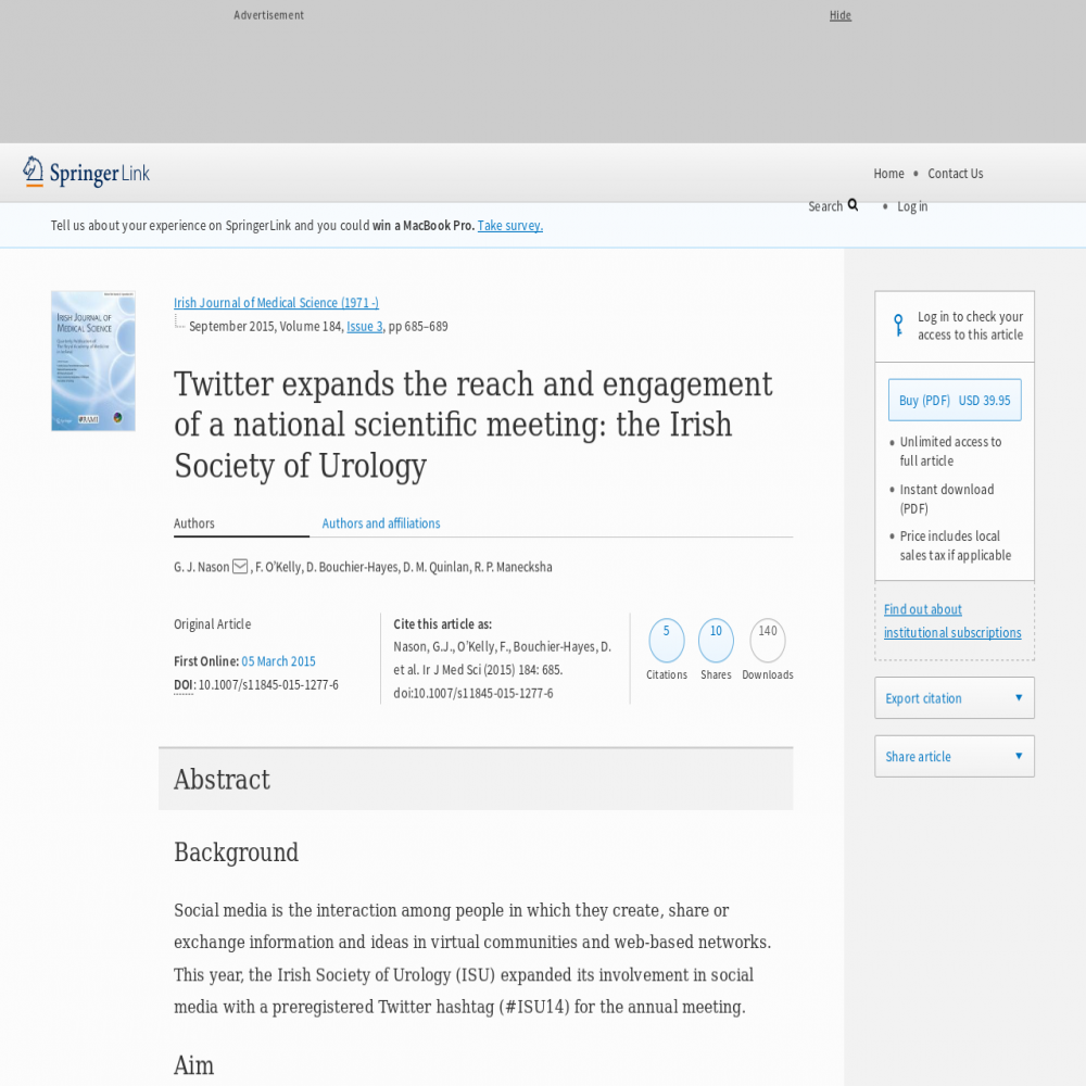 A healthcare social media research article published in Irish Journal of Medical Science, March 5, 2015