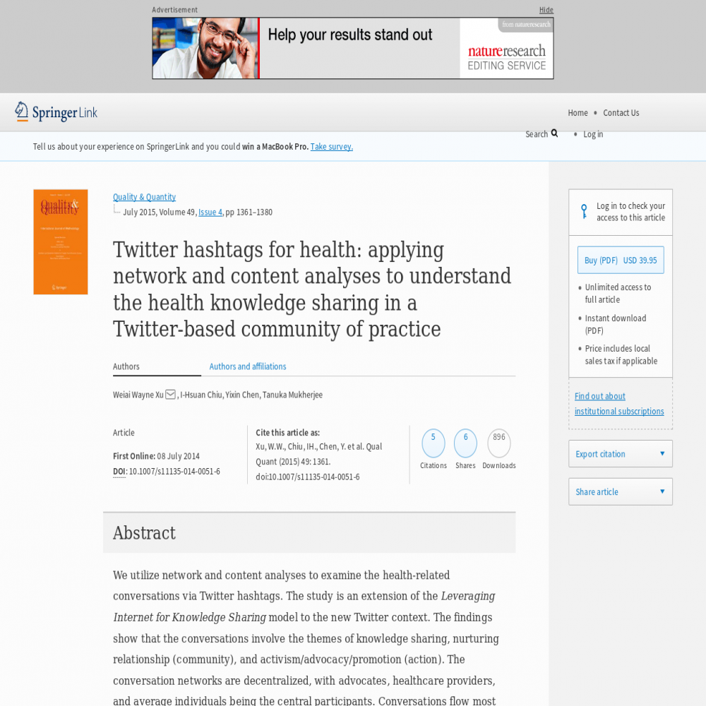 A healthcare social media research article published in Quality & Quantity, July 8, 2014