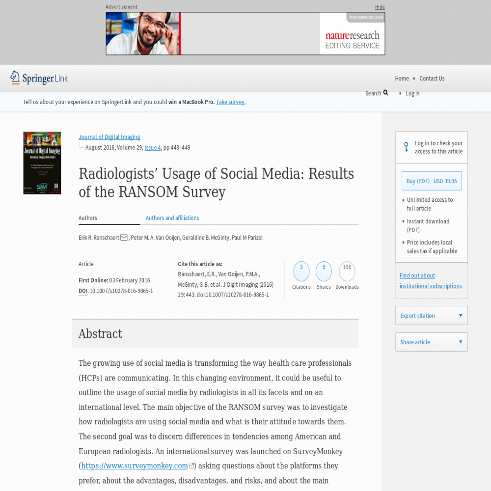 A healthcare social media research article published in Journal of Digital Imaging, February 3, 2016