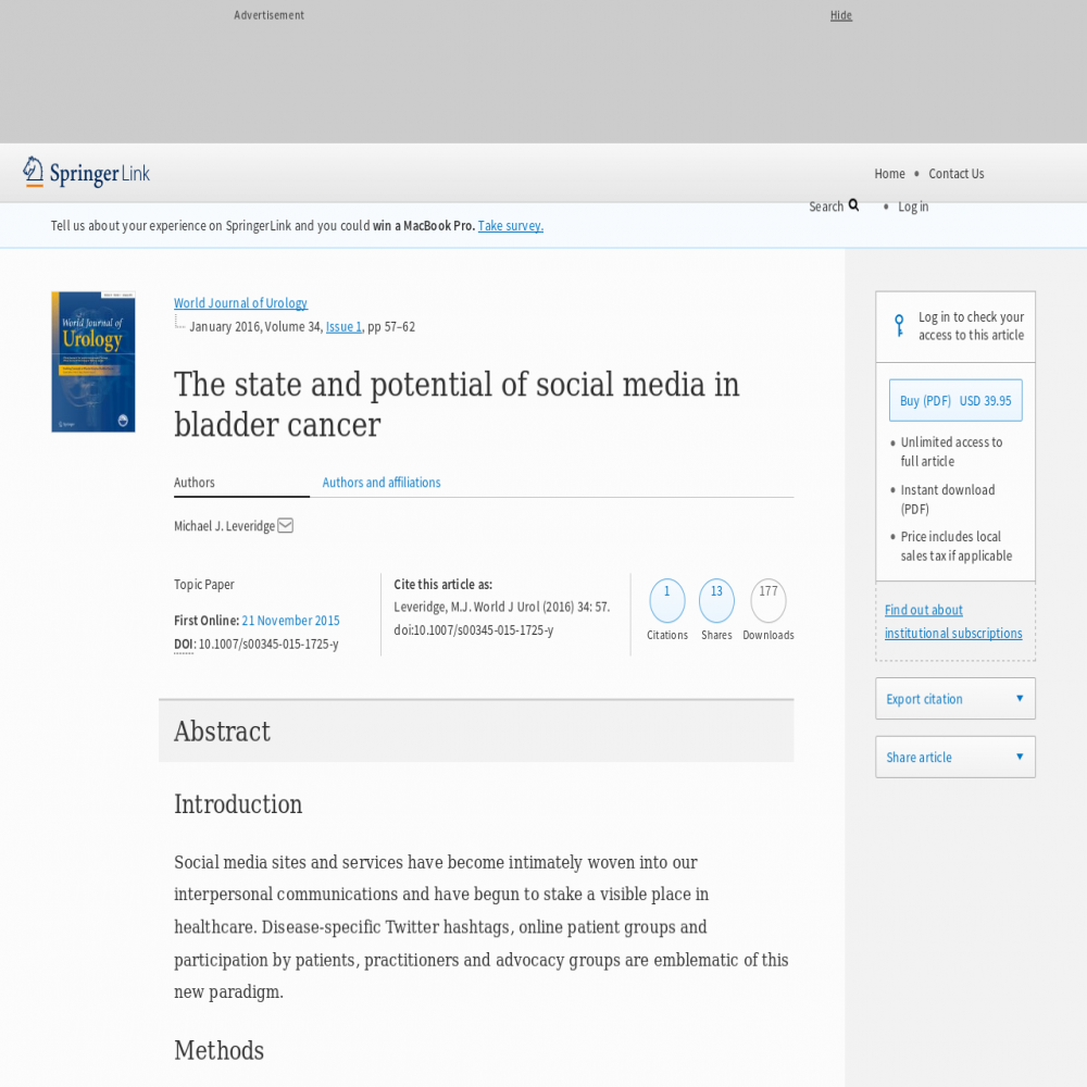 A healthcare social media research article published in World Journal of Urology, November 21, 2015