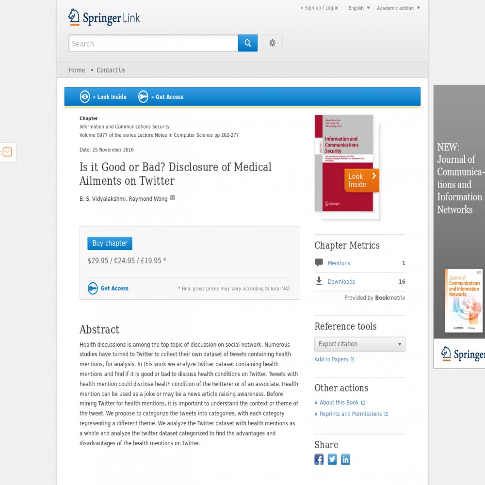 A healthcare social media research article published in Lecture notes in computer science, November 25, 2016