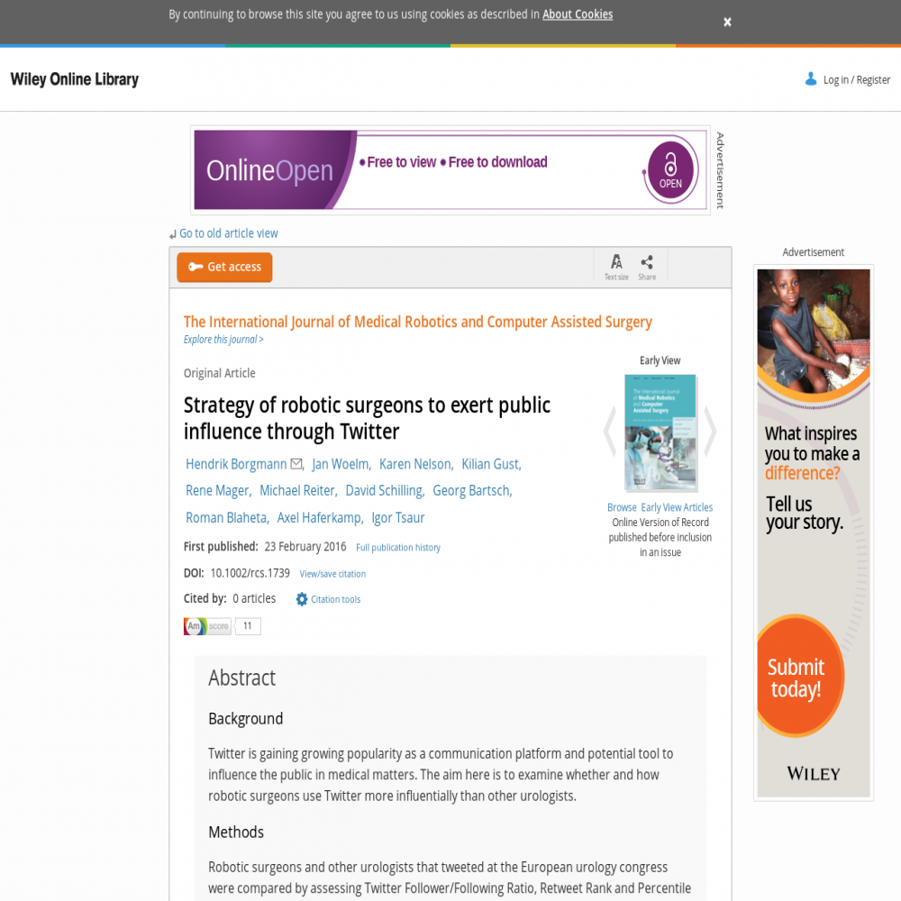 A healthcare social media research article published in International Journal of Medical Robotics and Computer Assisted Surgery, February 23, 2016