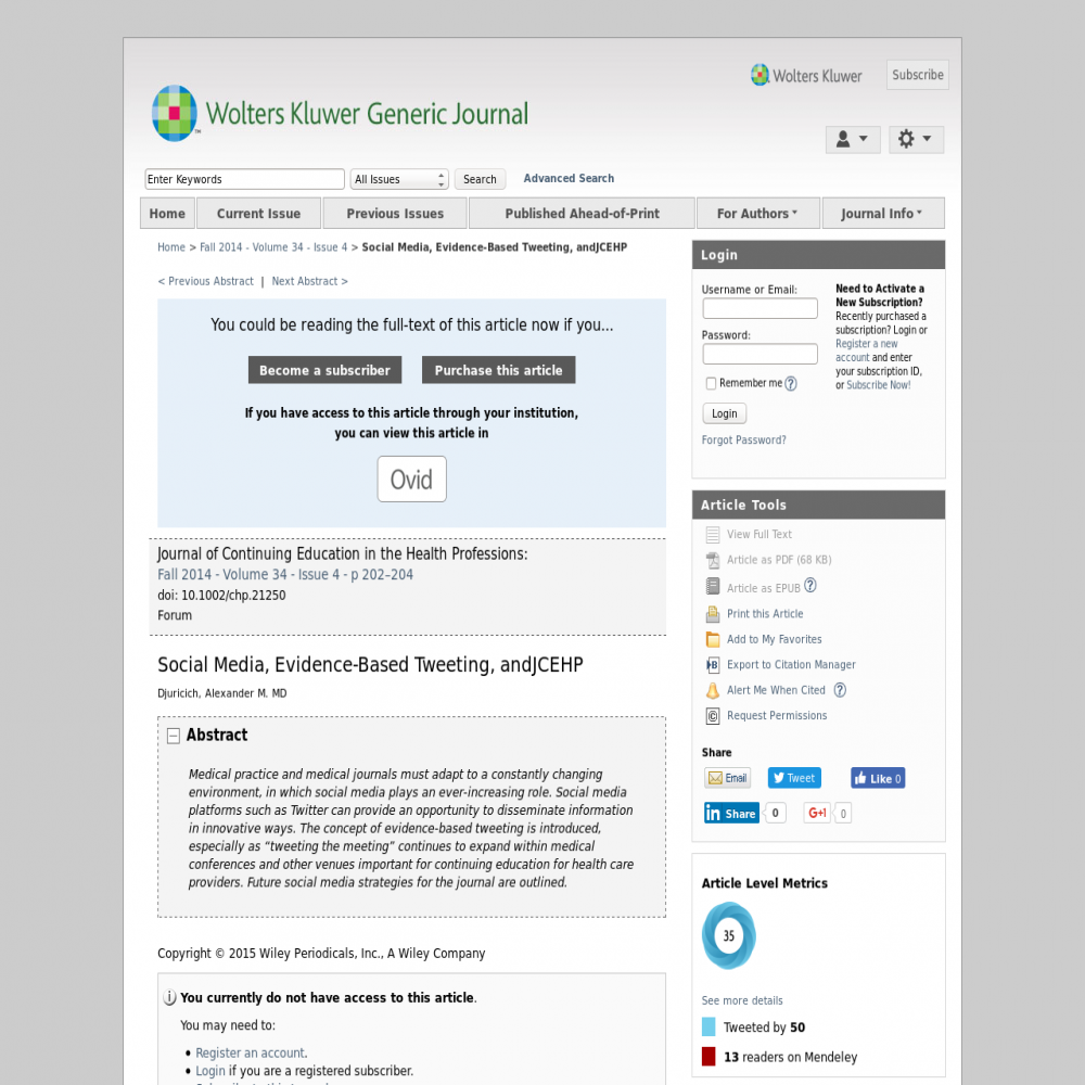 A healthcare social media research article published in The Journal of Continuing Education for Health Professionals, January 1, 2014