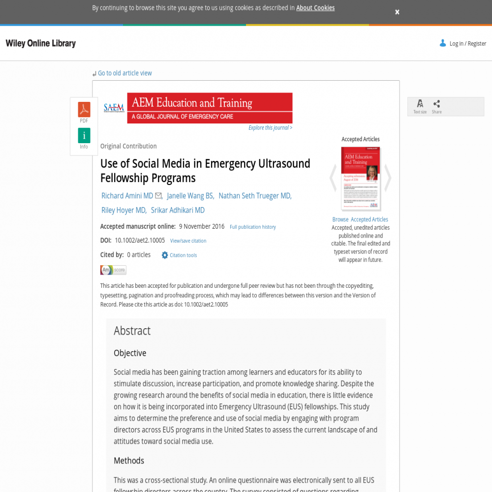 A healthcare social media research article published in AEM Education and Training: A Global Journal of Emergency Care, January 19, 2017