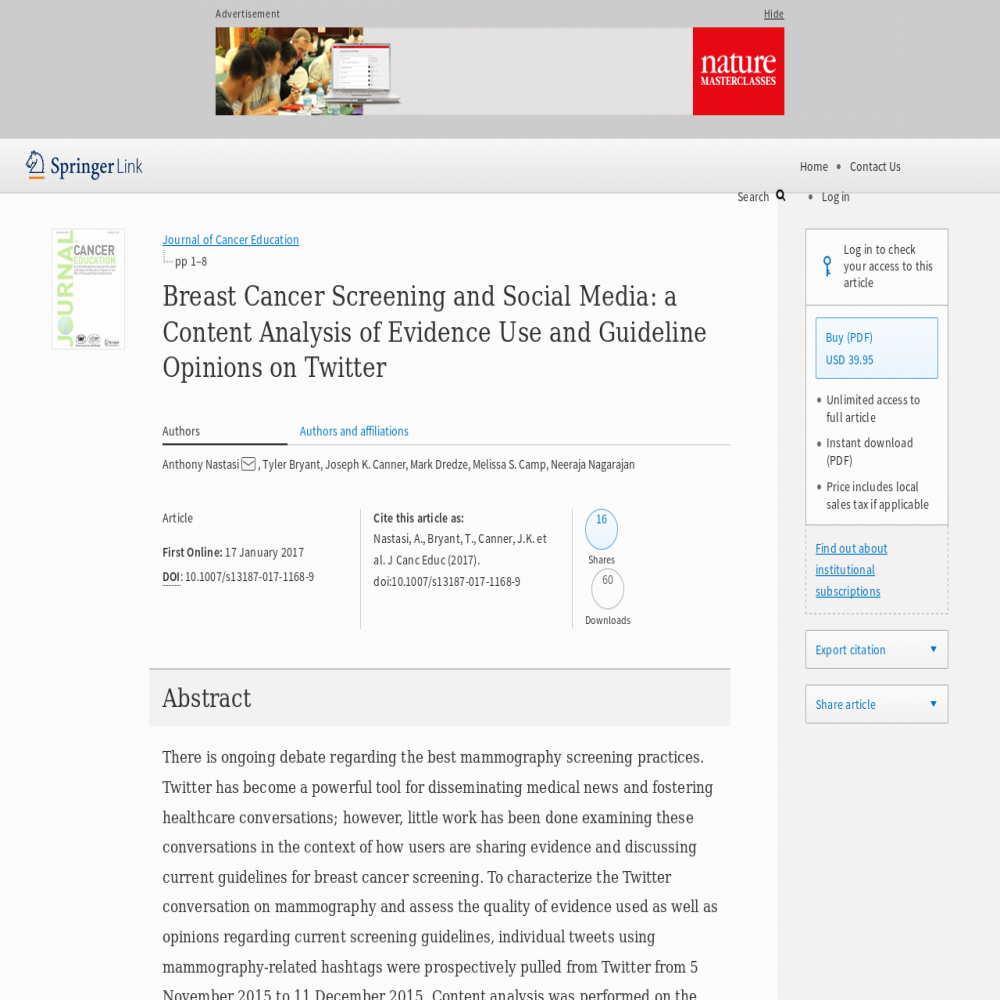 A healthcare social media research article published in Journal of Cancer Education, January 17, 2017