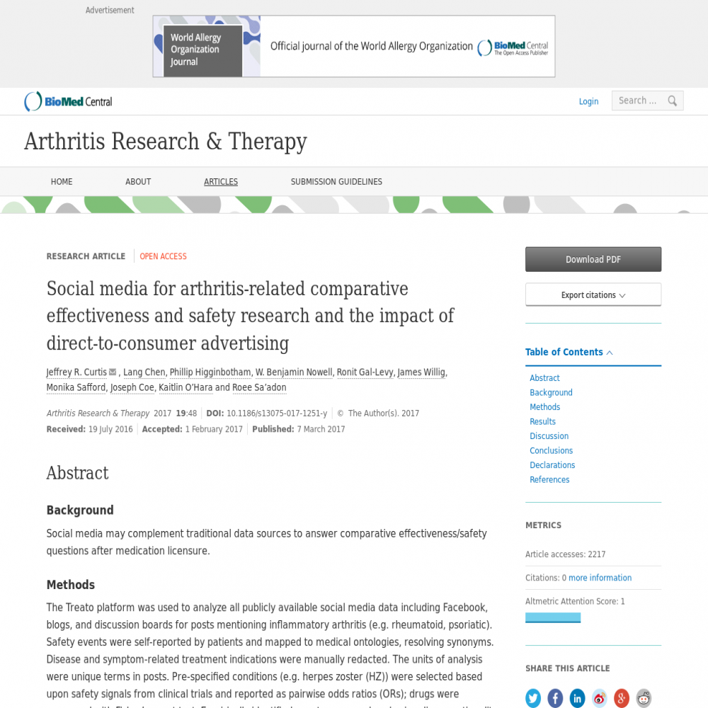 A healthcare social media research article published in Arthritis Research and Therapy, March 7, 2017