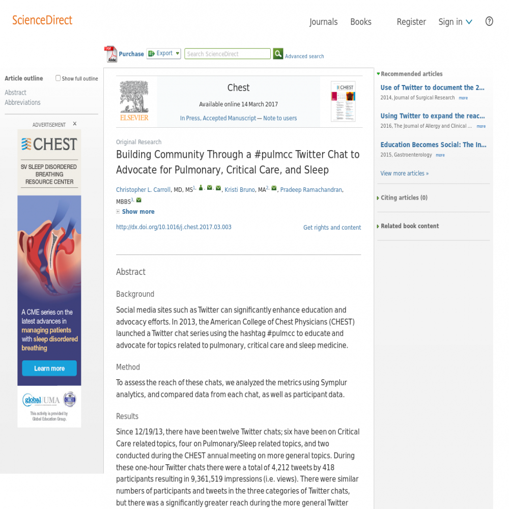 A healthcare social media research article published in CHEST, March 13, 2017