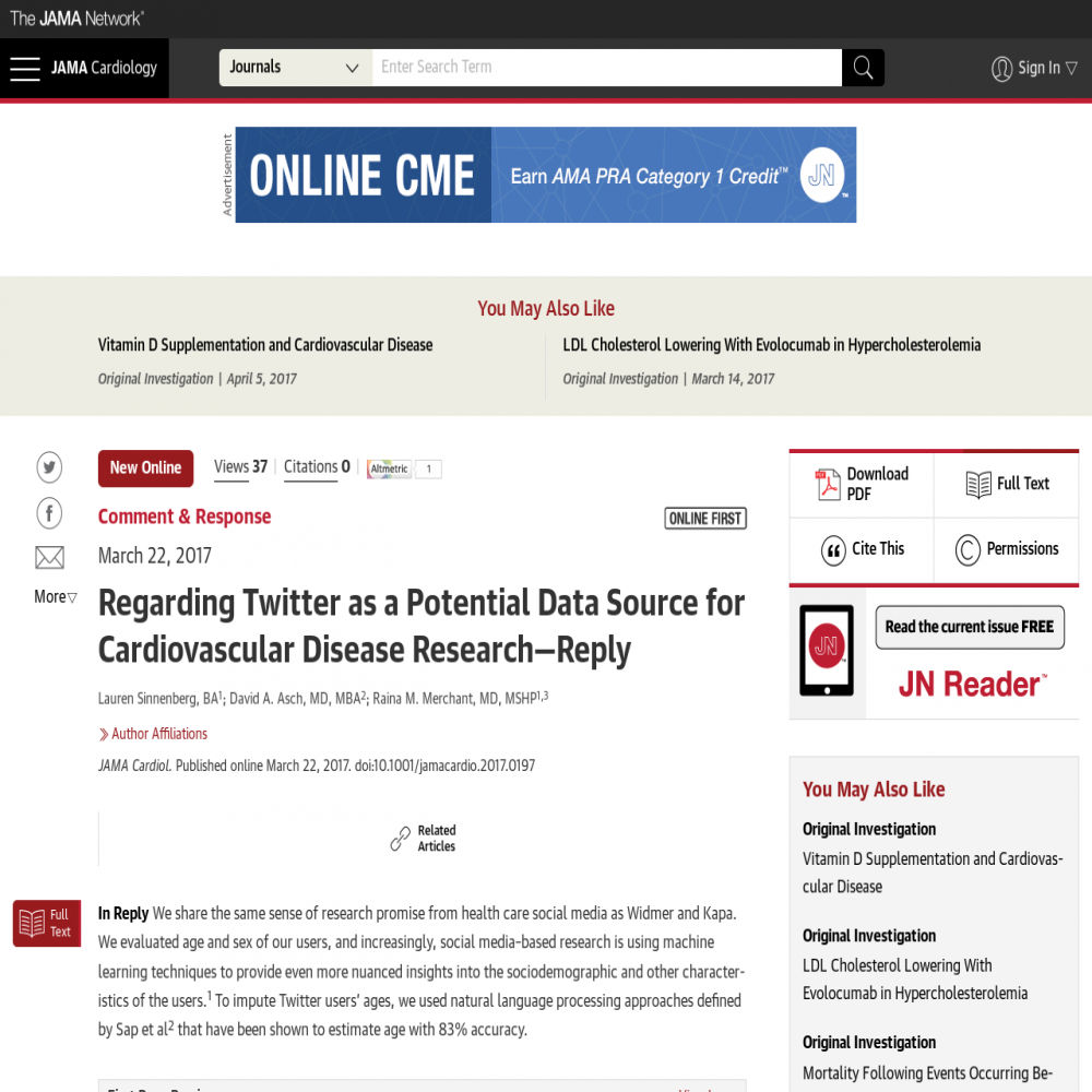 A healthcare social media research article published in JAMA Cardiology, July 1, 2017