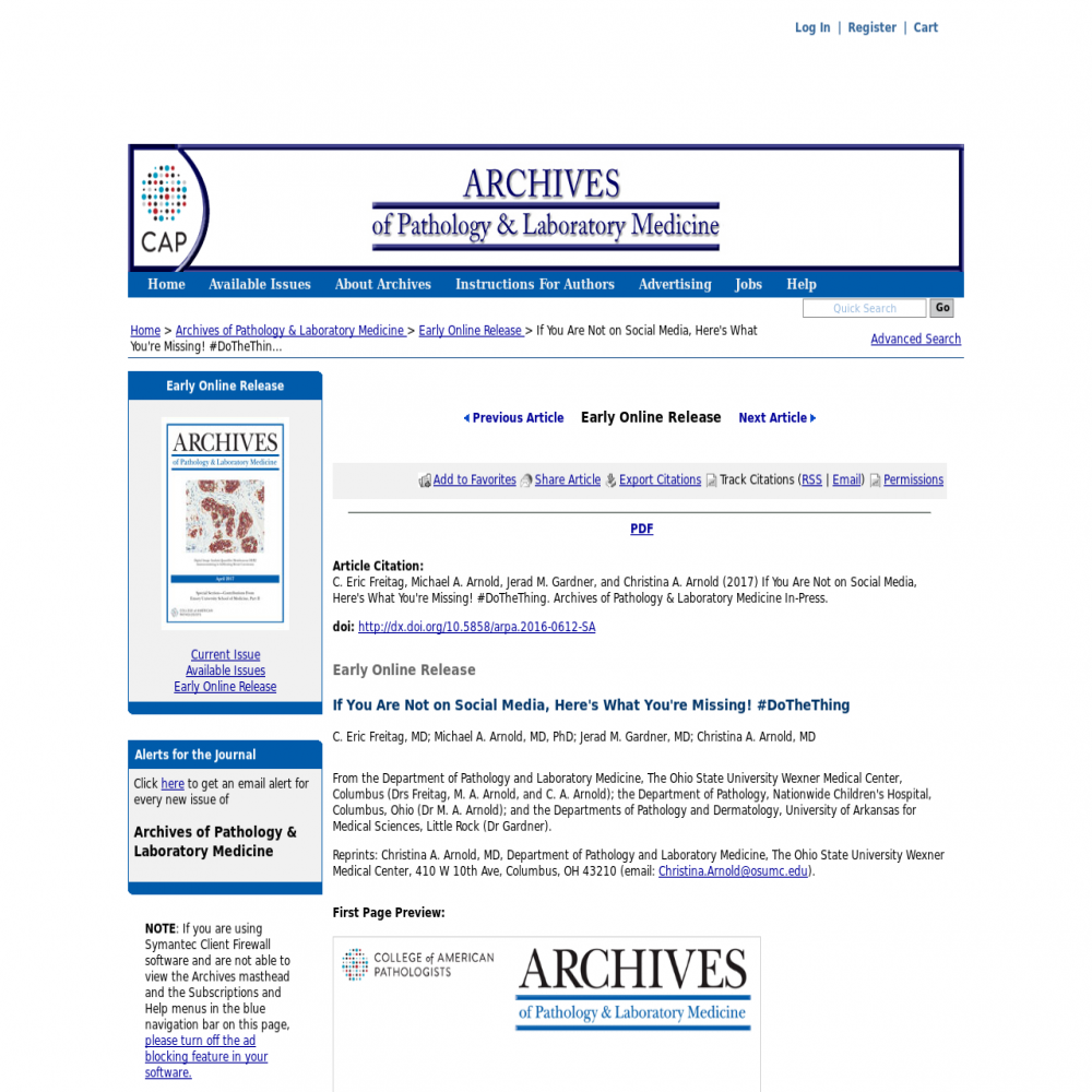 A healthcare social media research article published in Archives of Pathology & Laboratory Medicine, April 5, 2017