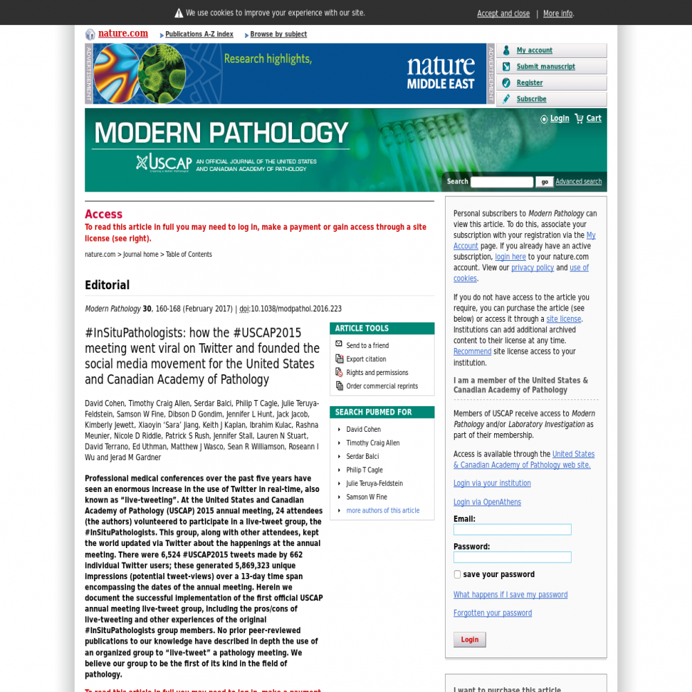 A healthcare social media research article published in Modern Pathology, January 13, 2017