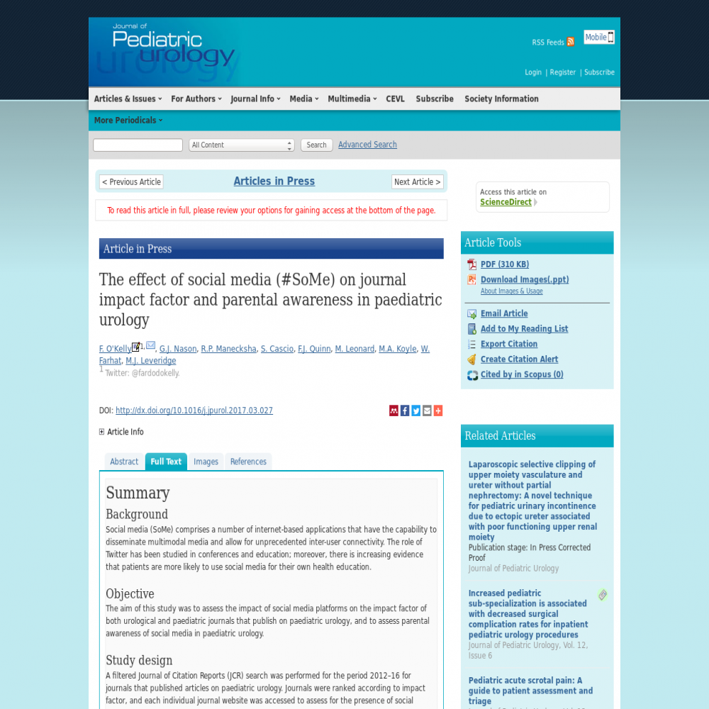 A healthcare social media research article published in Journal of Pediatric Urology, October 1, 2017