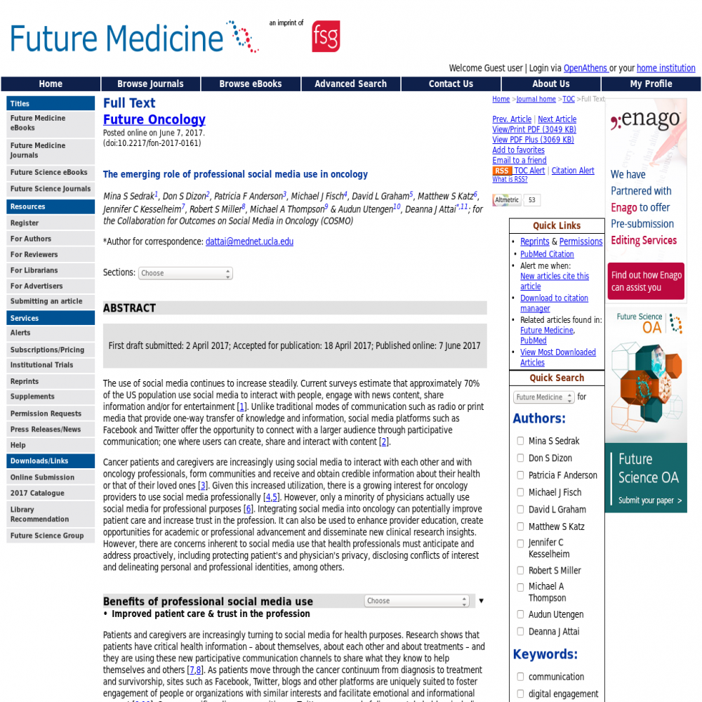 A healthcare social media research article published in Future Oncology, June 1, 2017