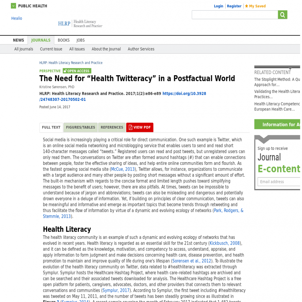 A healthcare social media research article published in Health Literacy Research and Practice, April 1, 2017