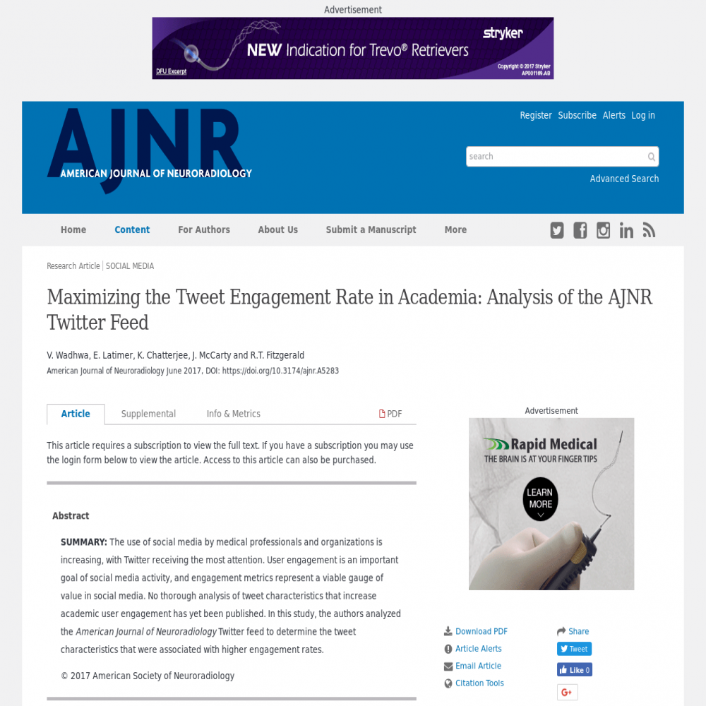 A healthcare social media research article published in American Journal of Neuroradiology, June 29, 2017