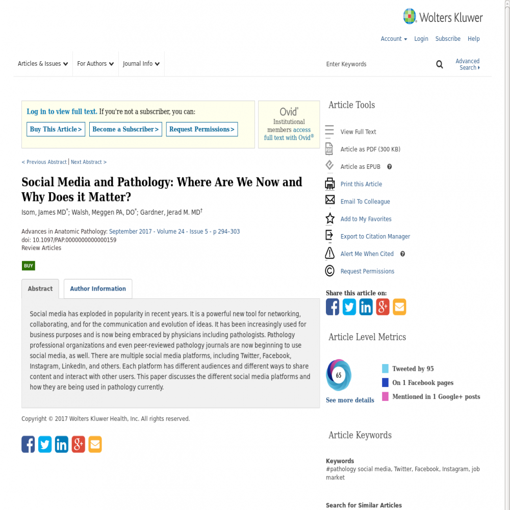 A healthcare social media research article published in Advances in Anatomic Pathology, September 1, 2017