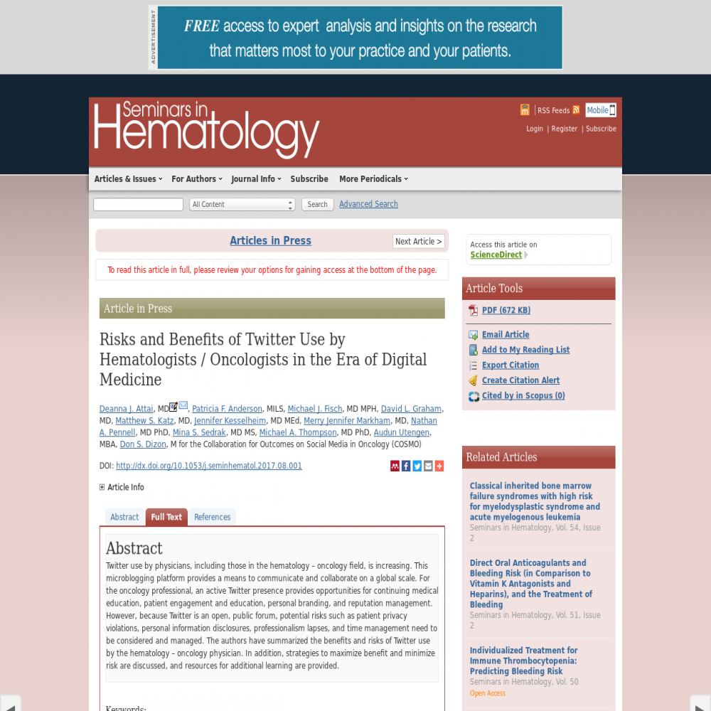 A healthcare social media research article published in Seminars in Hematology (ScienceDirect), October 1, 2017