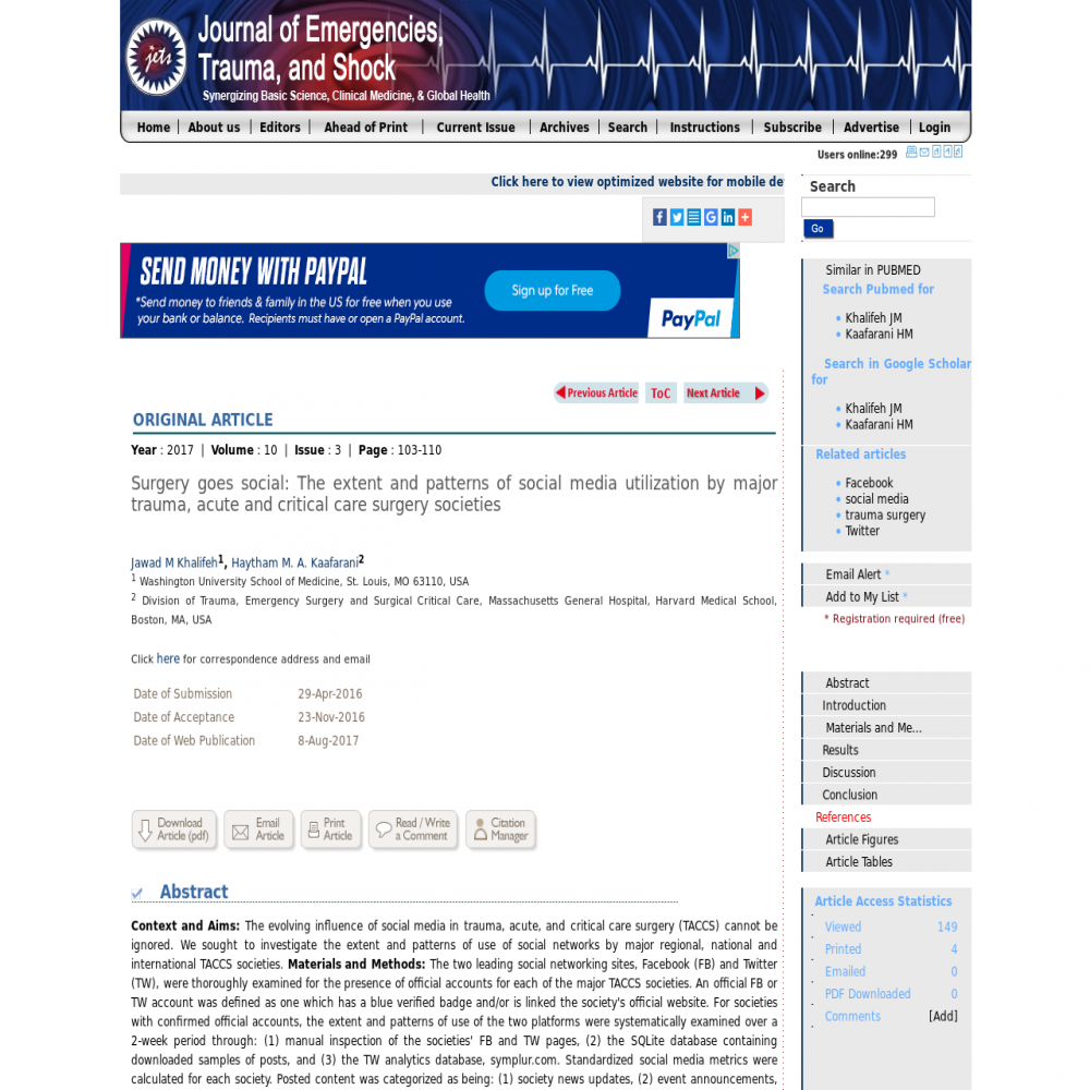 A healthcare social media research article published in Journal of Emergencies, January 1, 2017