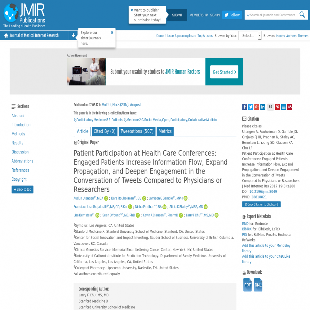 A healthcare social media research article published in Journal of Medical Internet Research, August 17, 2017