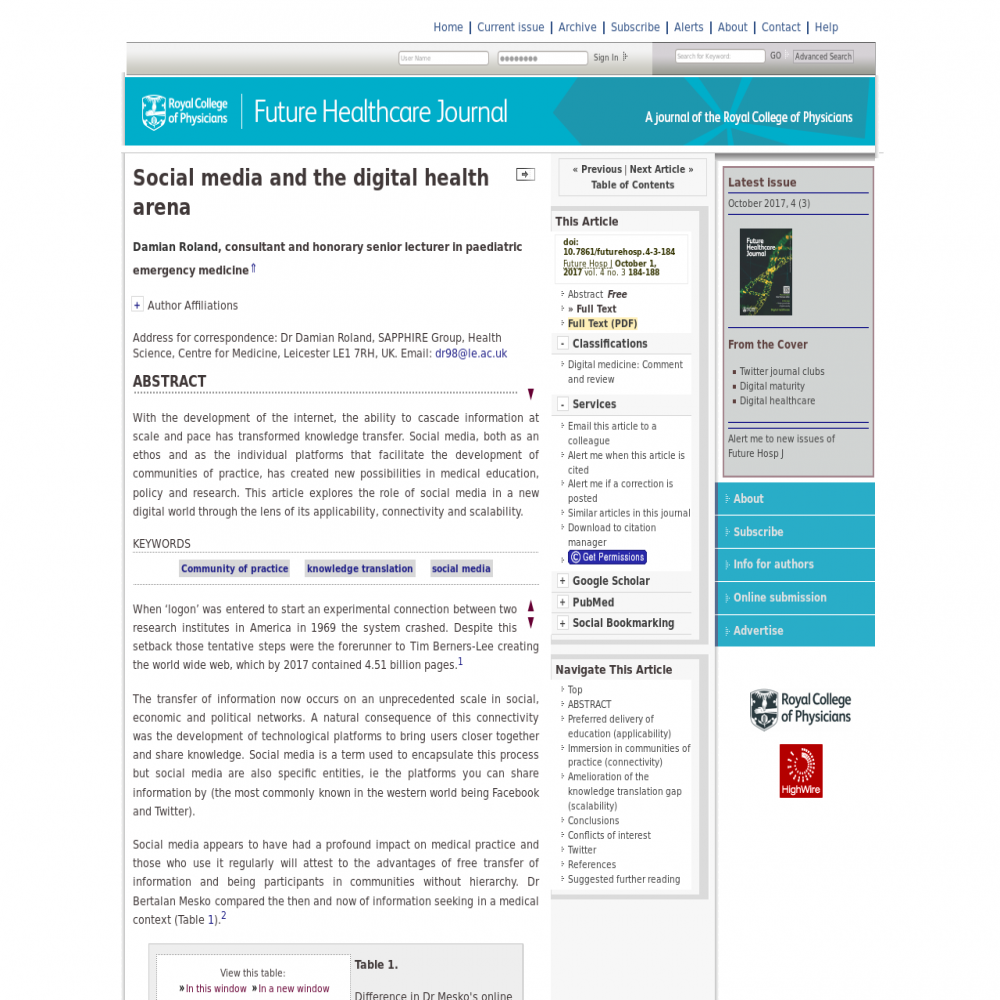 A healthcare social media research article published in Future Hospital Journal, October 3, 2017