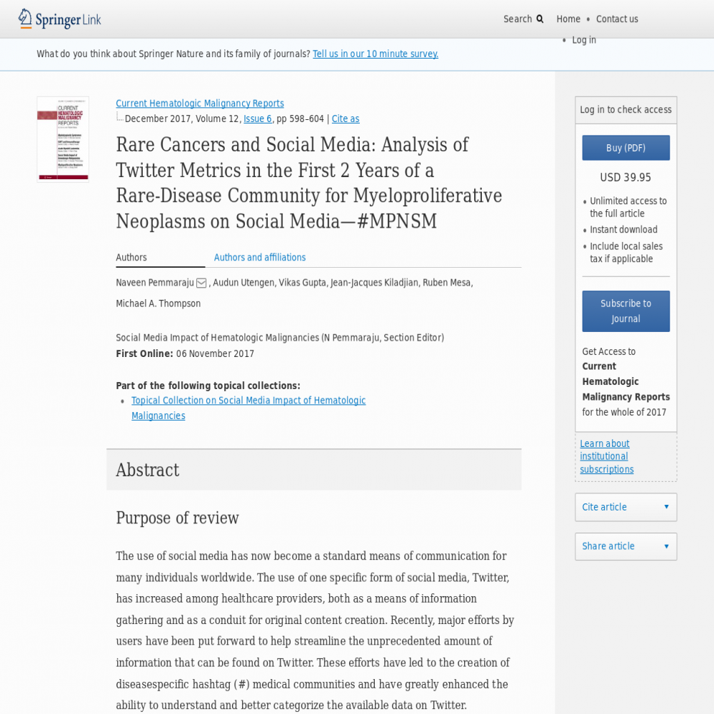 A healthcare social media research article published in Current Hematologic Malignancy Reports, November 6, 2017