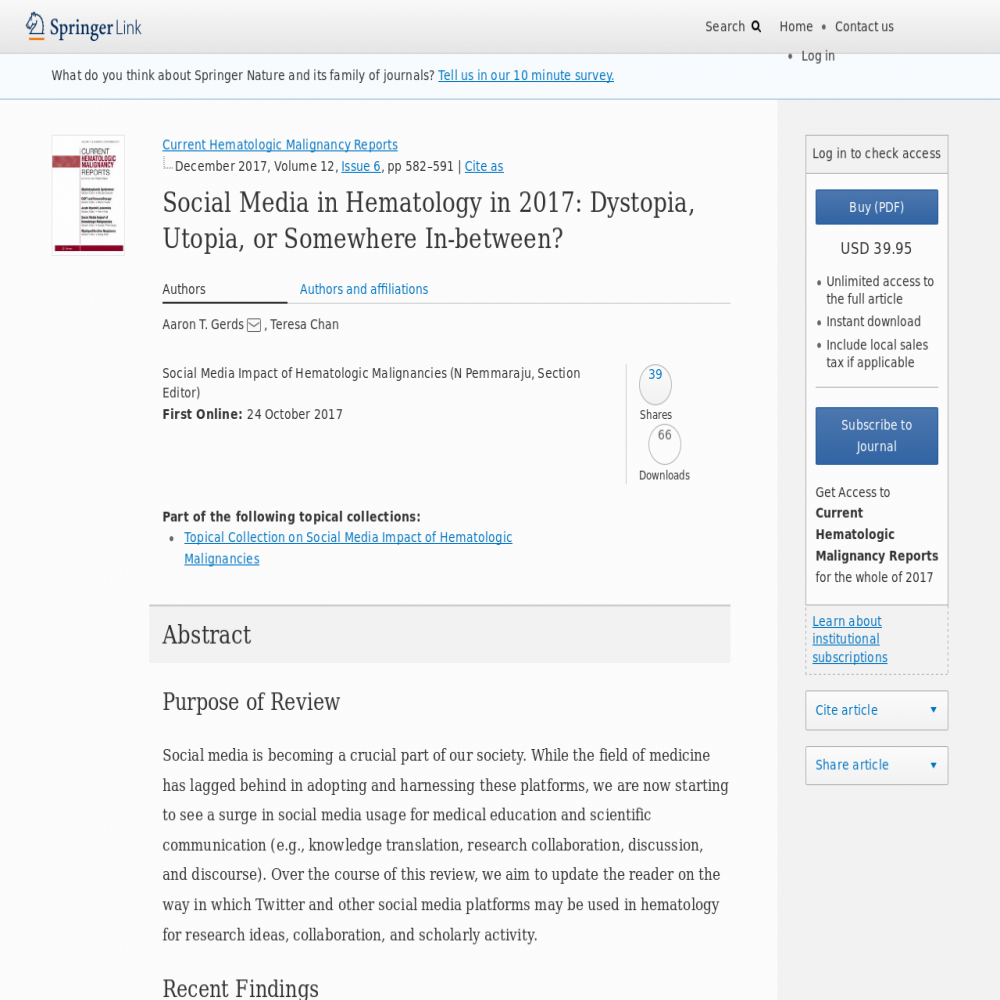 A healthcare social media research article published in Current Hematologic Malignancy Reports, October 24, 2017